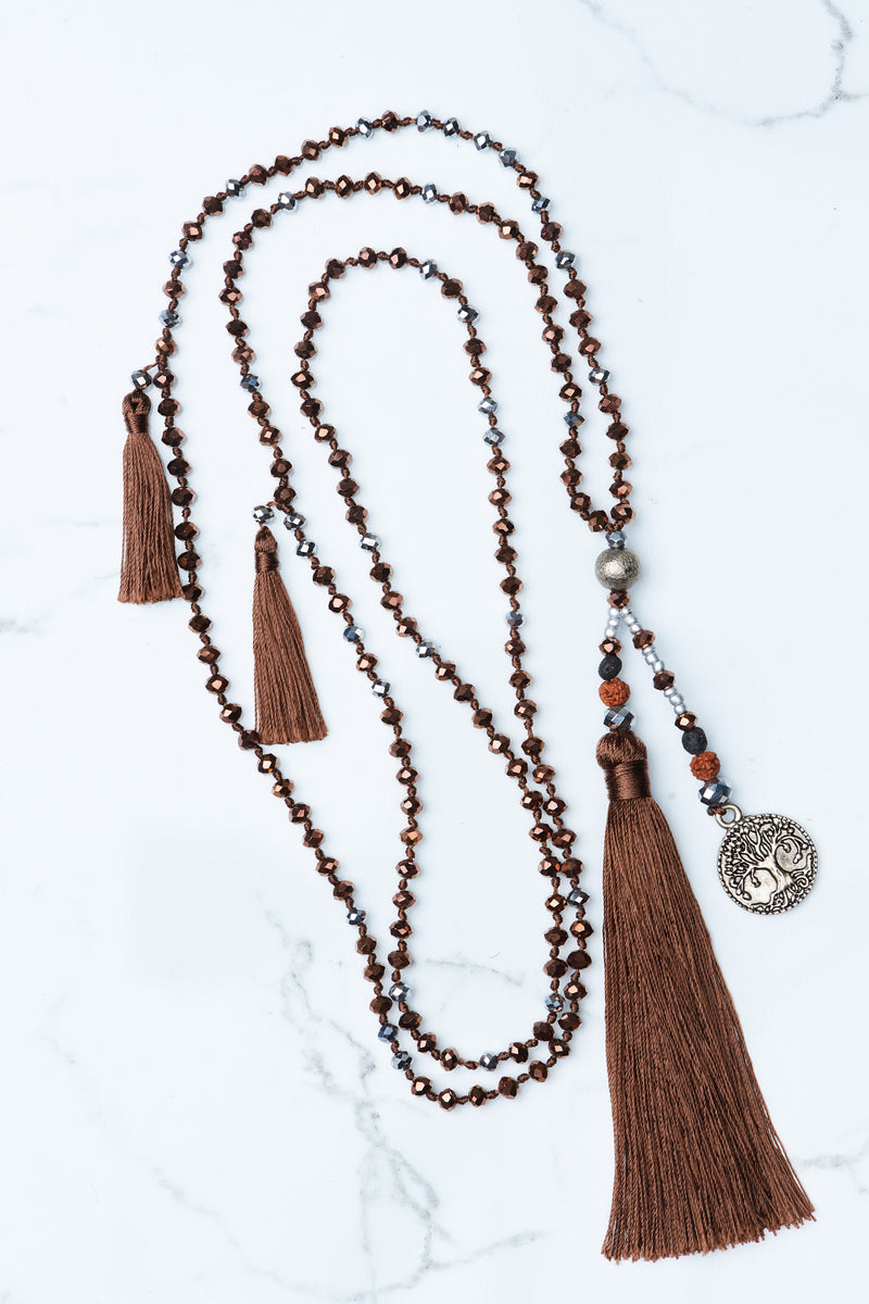 Brown Tree of Life Silver Coin and Tassel Necklace