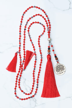 Red Tree of Life Silver Coin and Tassel Necklace