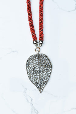 Red Beaded Leaf Pendant Necklace