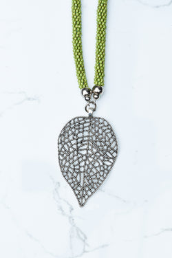 Lime Green Beaded Leaf Pendant Necklace