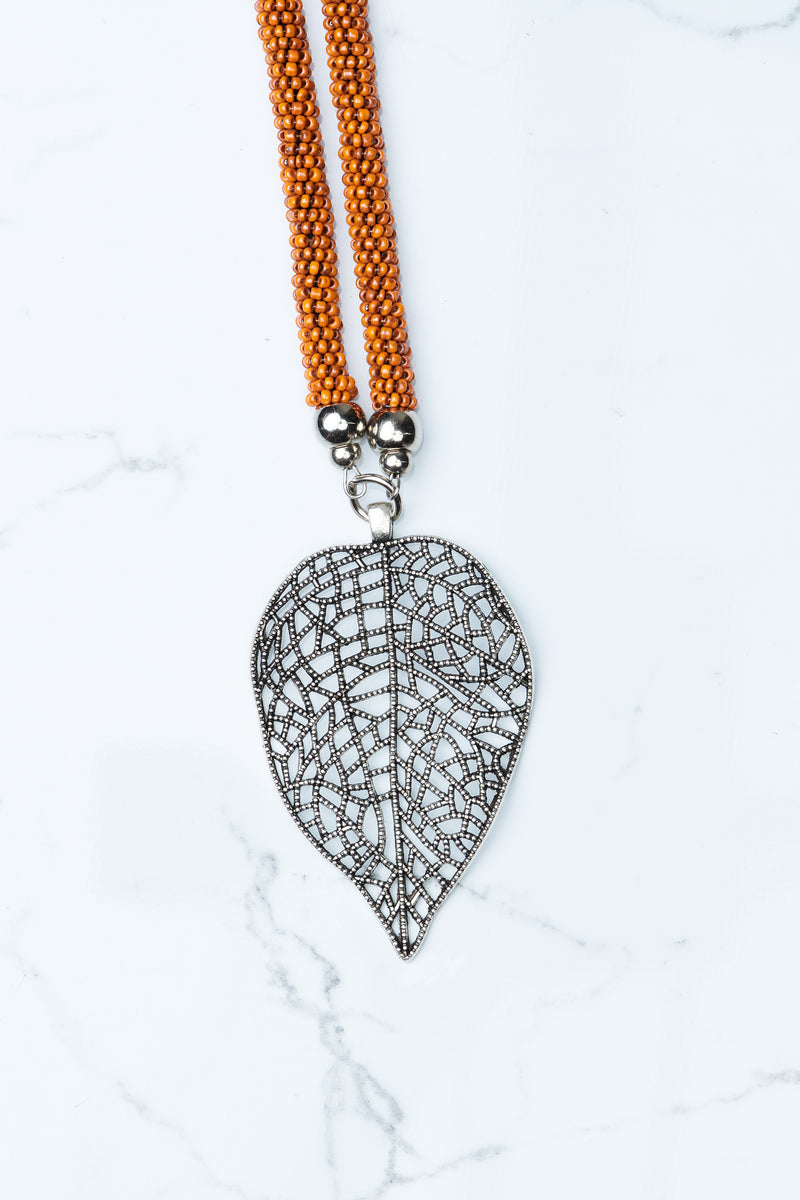 Orange Beaded Leaf Pendant Necklace