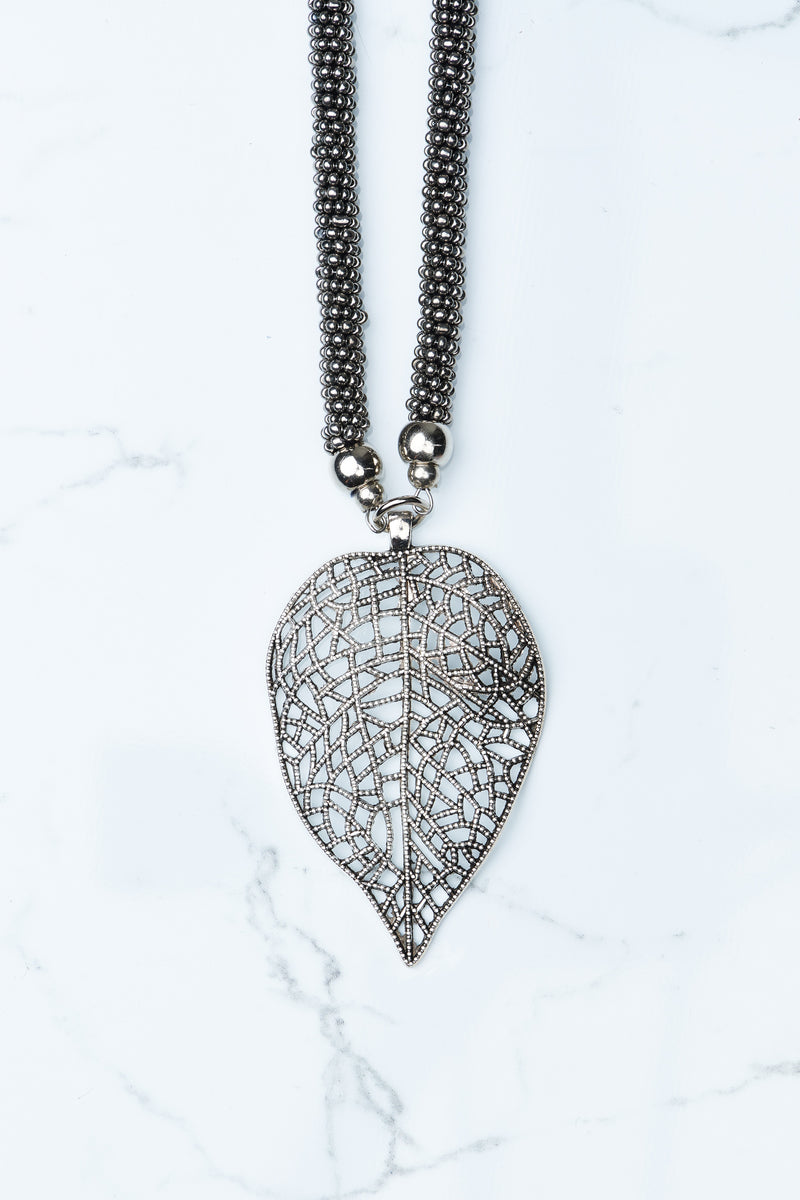 Dark Silver Beaded Leaf Pendant Necklace
