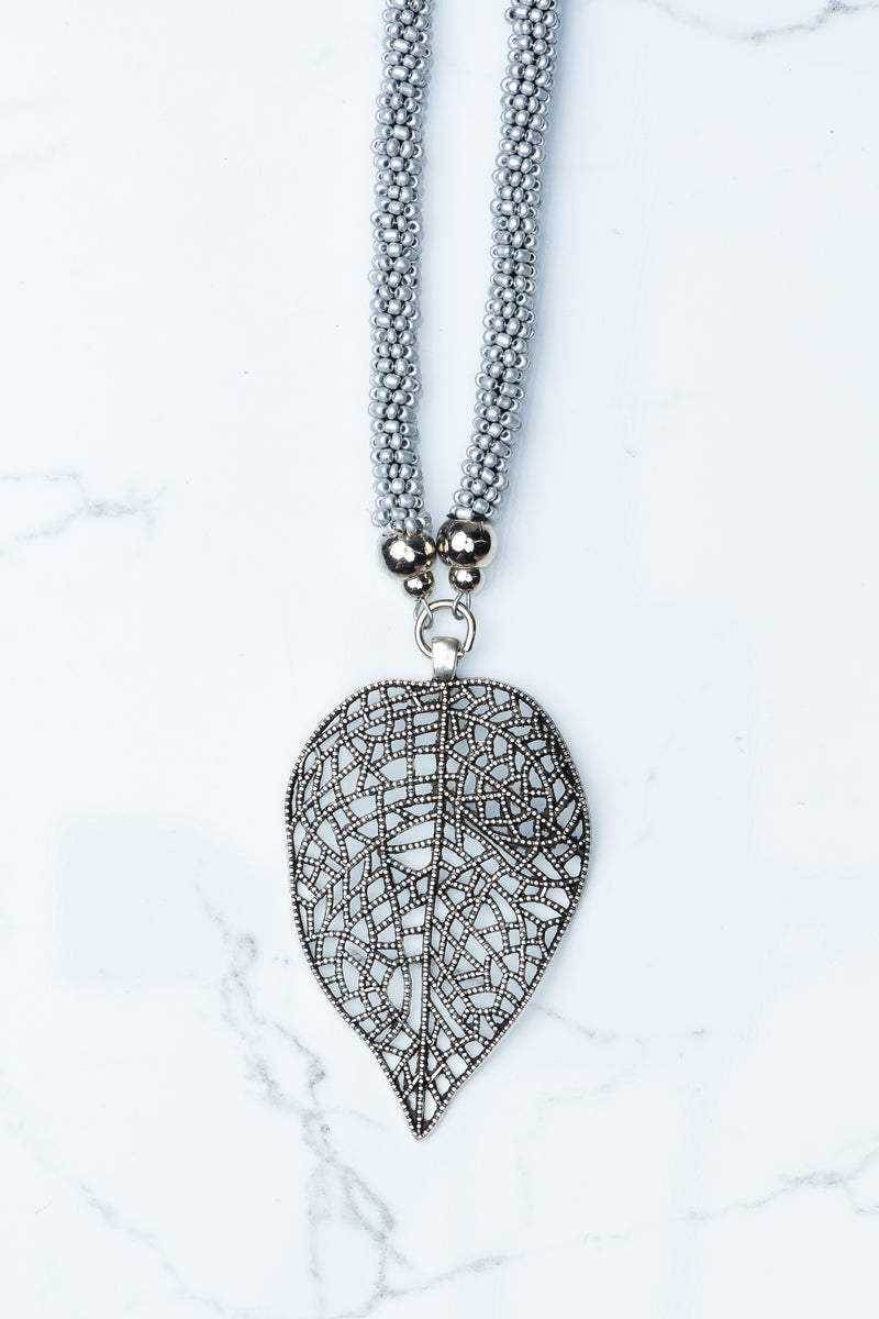 Light Silver Beaded Leaf Pendant Necklace