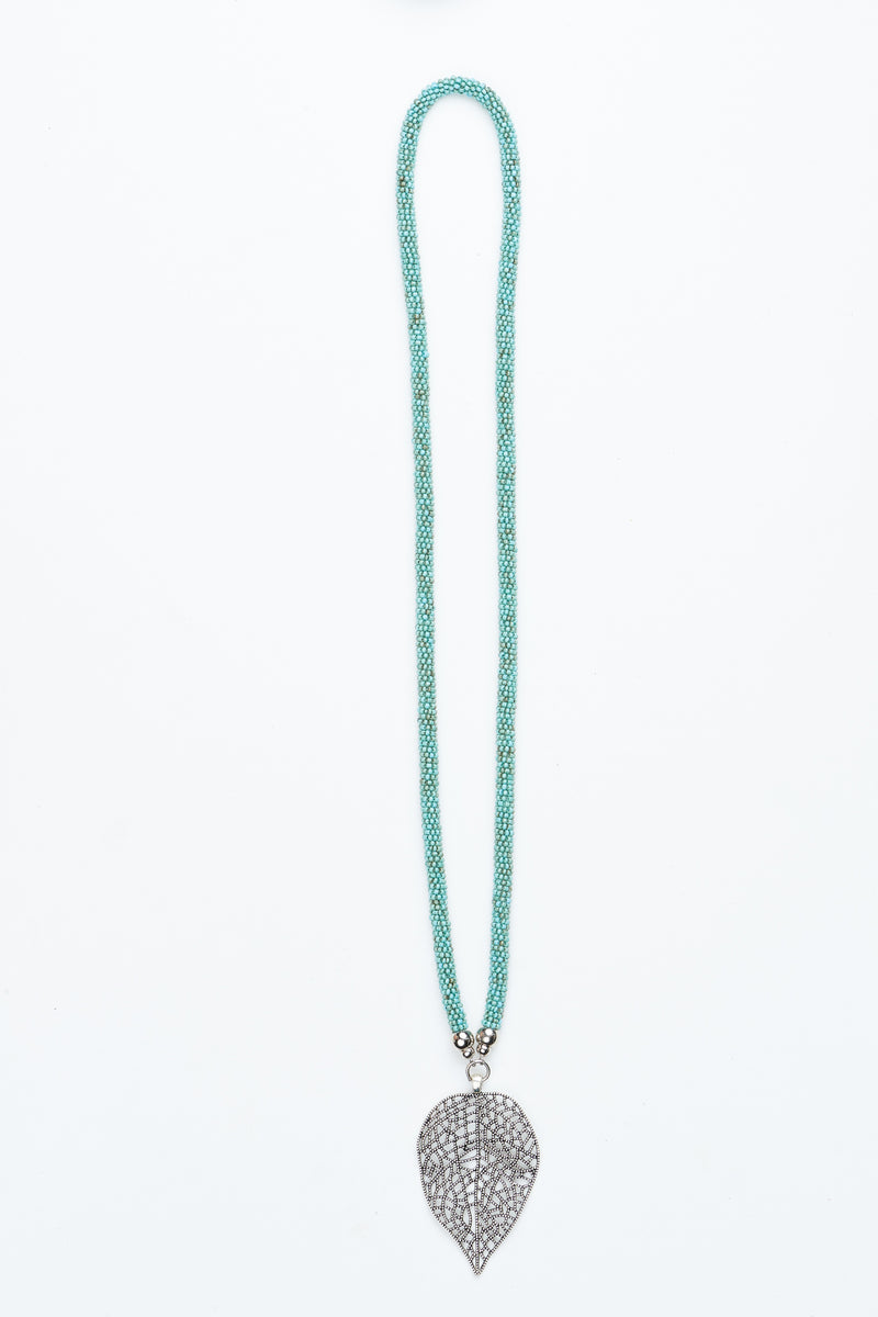 Aqua Beaded Leaf Pendant Necklace