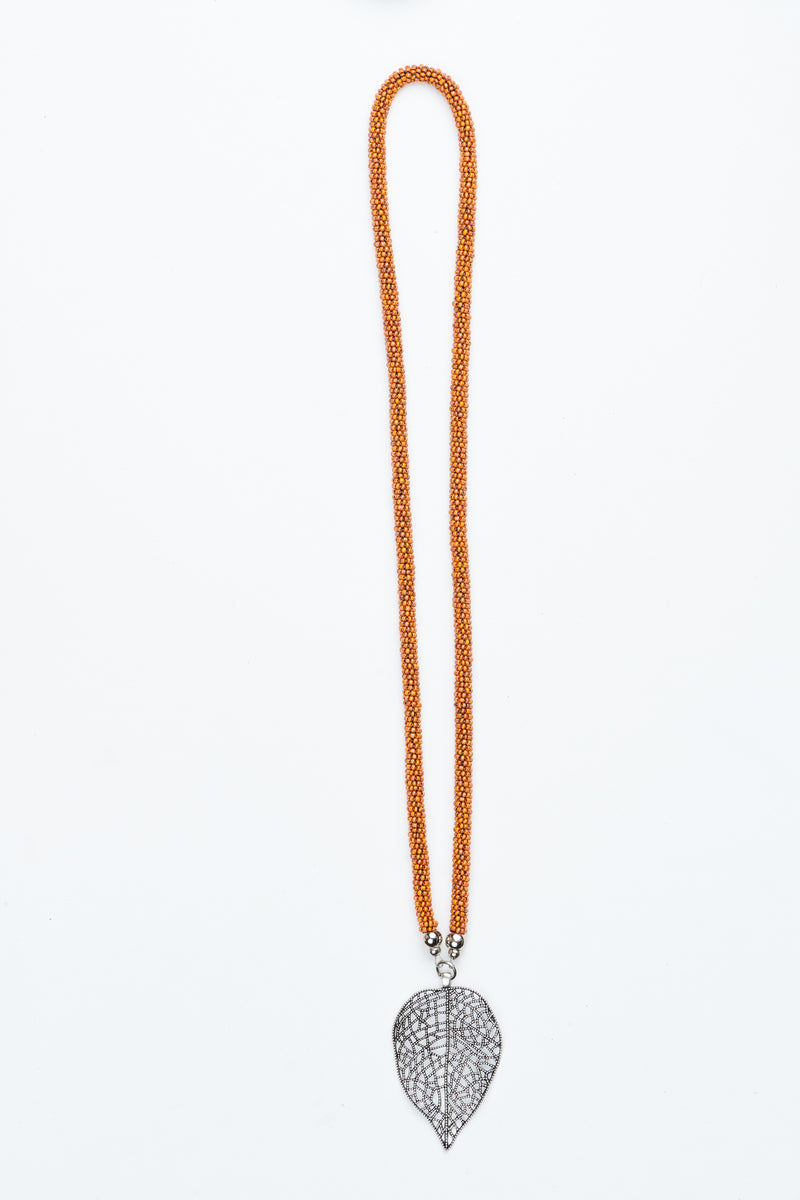 Orange Beaded Leaf Pendant Necklace
