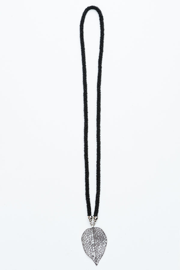 Black Beaded Leaf Pendant Necklace