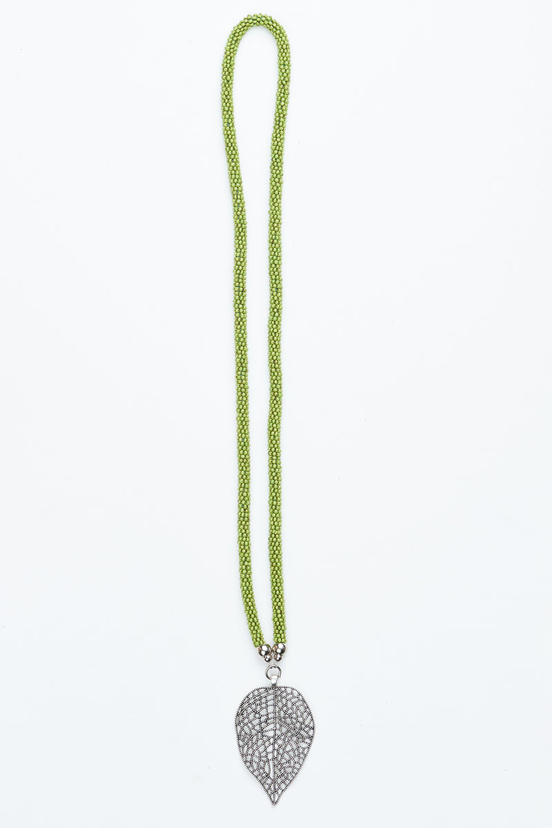 Lime Green Beaded Leaf Pendant Necklace