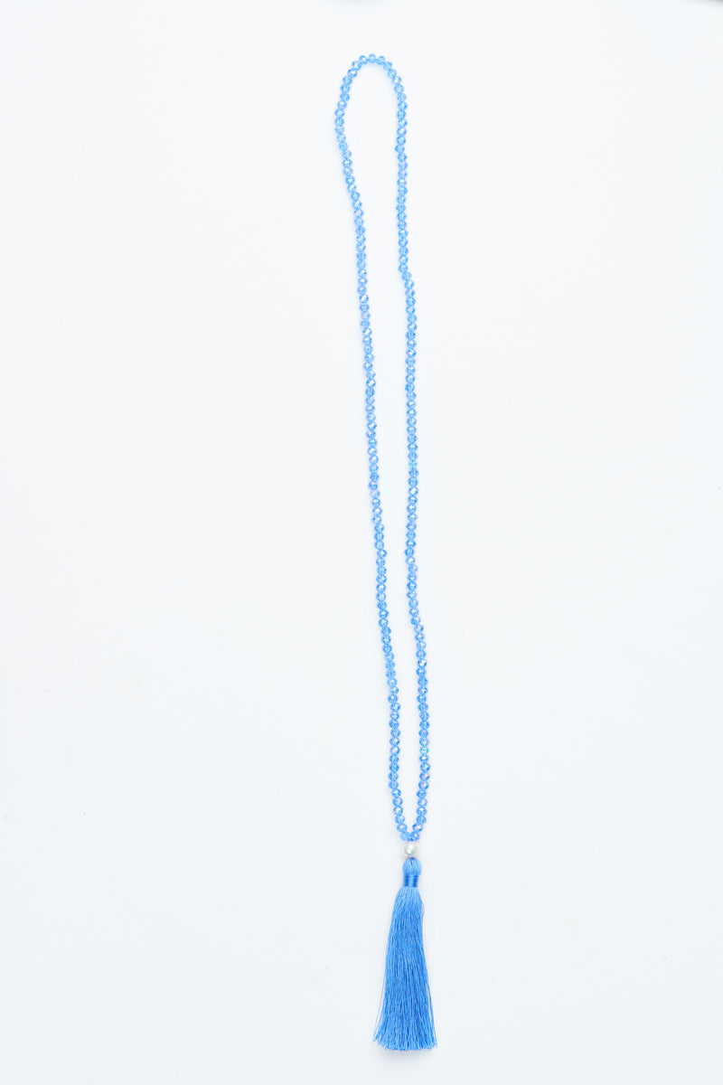 Blue Beaded Pearl Tassel Necklace