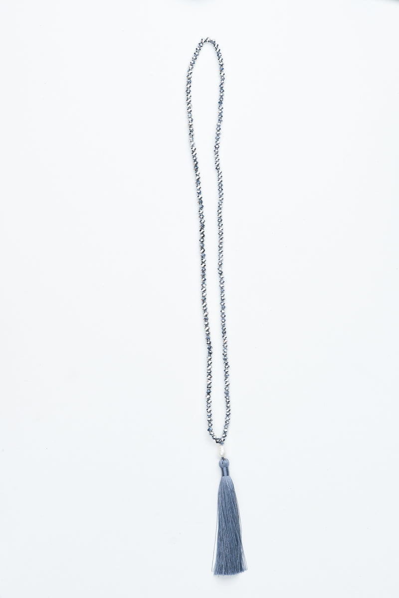 Silver Beaded Pearl Tassel Necklace
