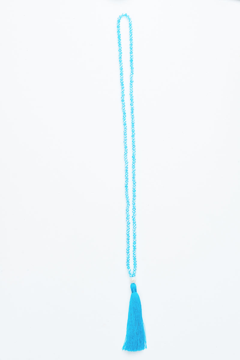 Aqua Beaded Pearl Tassel Necklace