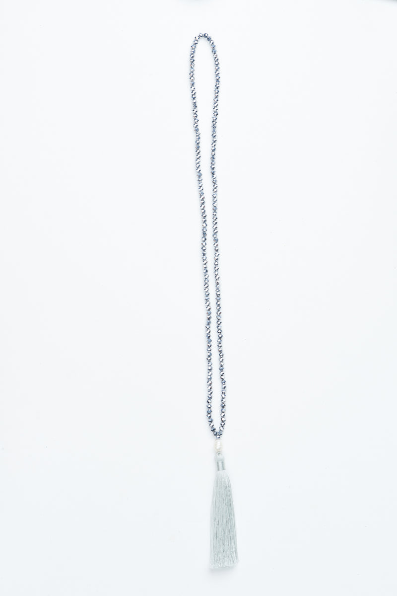 Pewter Beaded Pearl Tassel Necklace