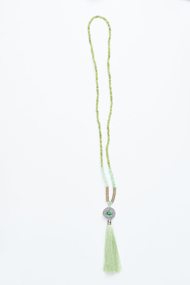 Lime Circle Pendant Tassel Necklace