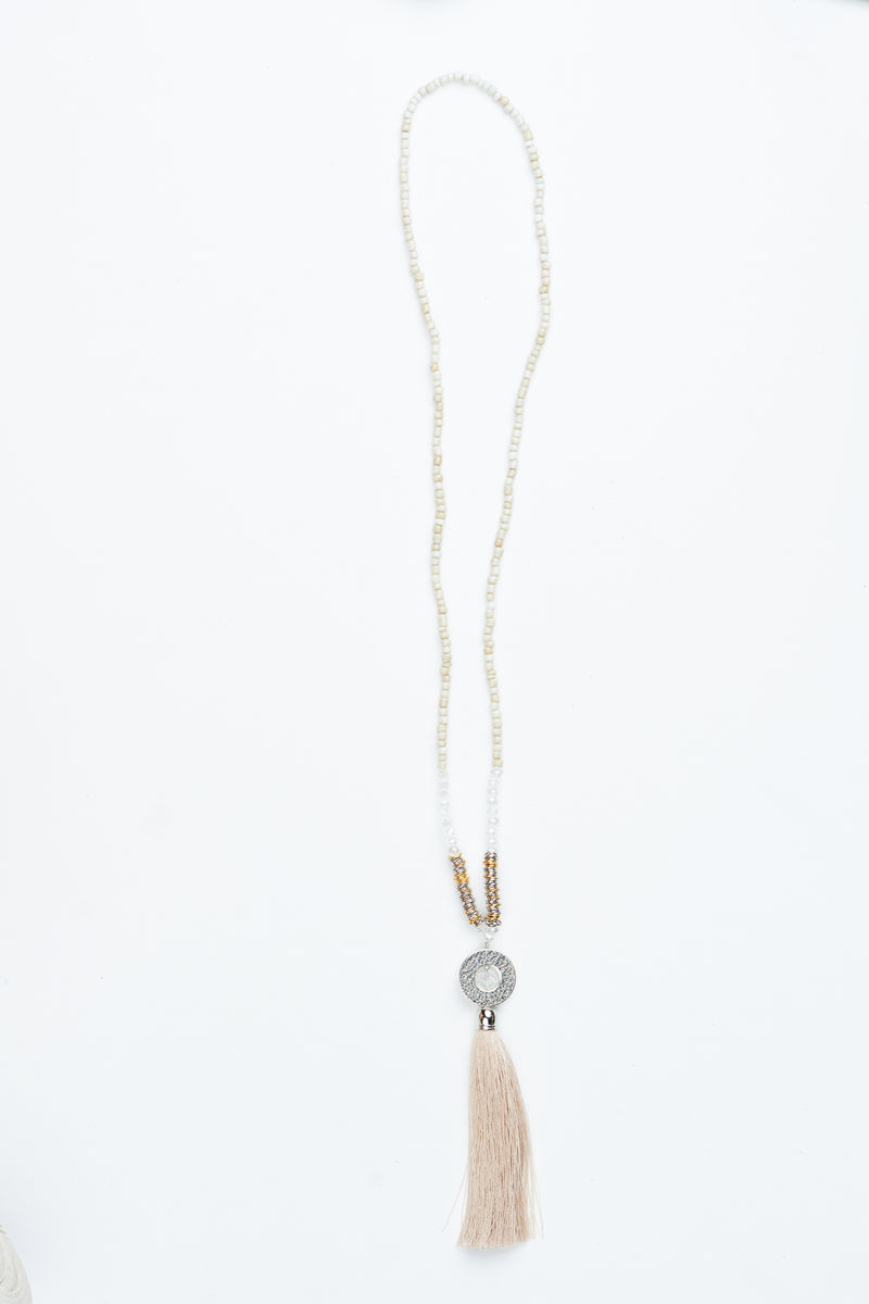 Beige Circle Pendant Tassel Necklace