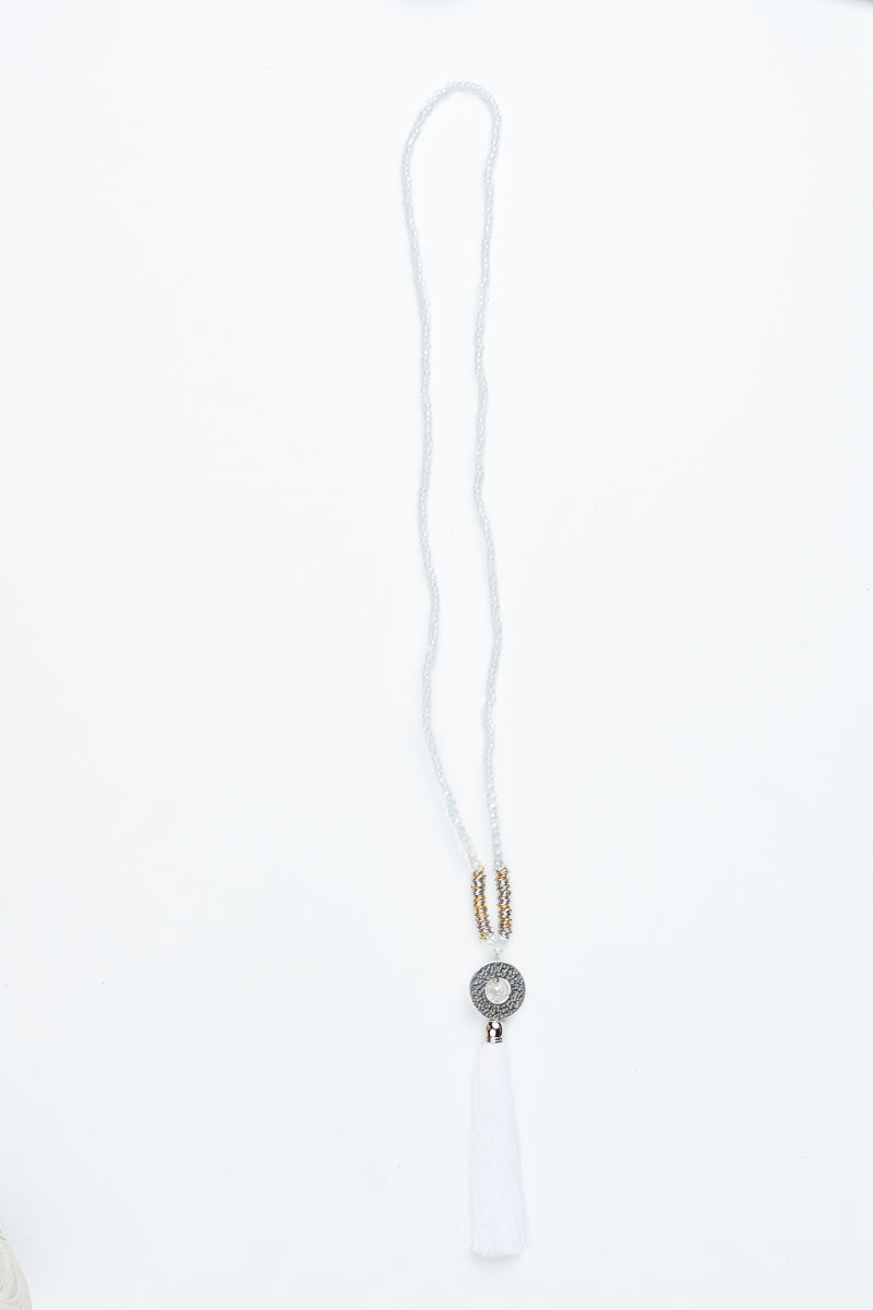 White Circle Pendant Tassel Necklace