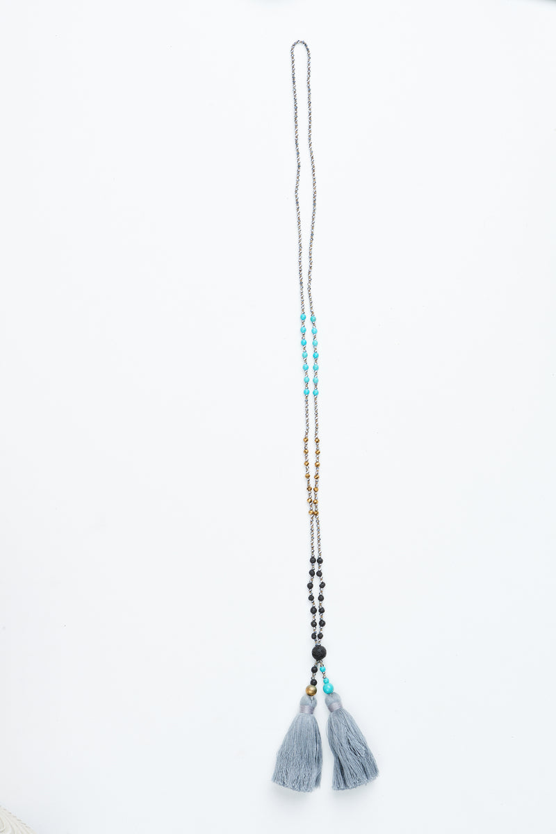 Grey Multi Beaded Double Tassel Necklace