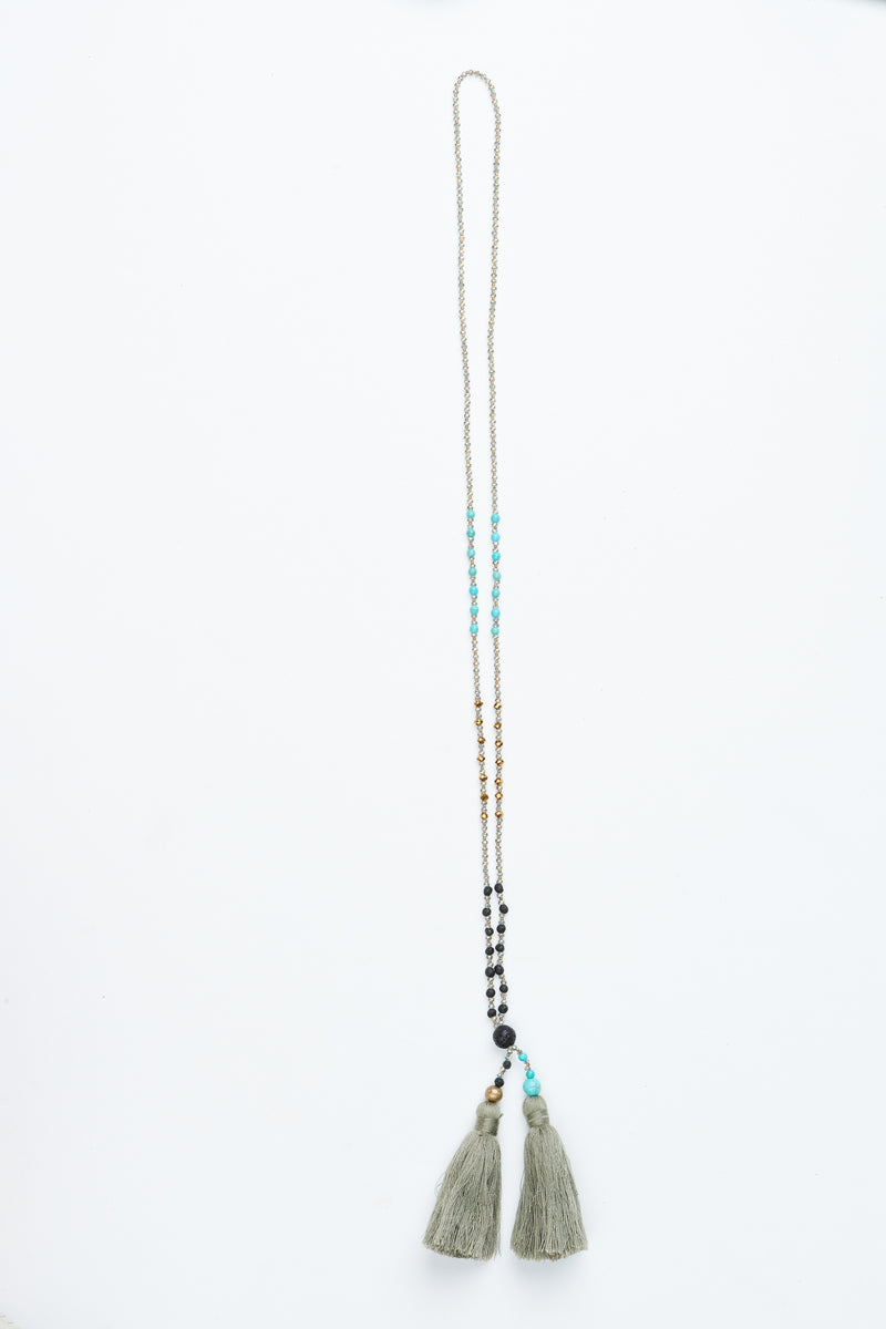Olive Multi Beaded Double Tassel Necklace