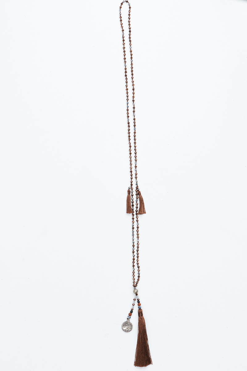 Brown Tree of Life Silver Coin and Tassel Necklace