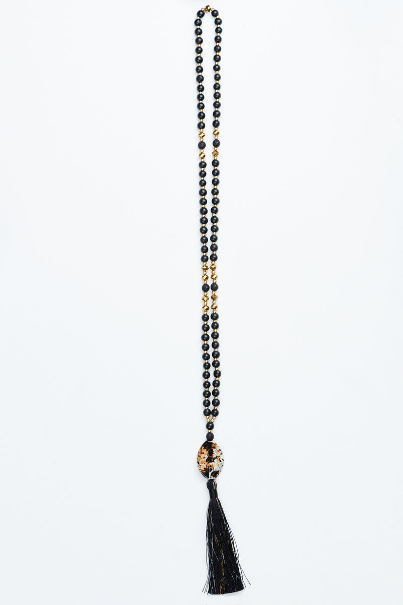 Black and Gold Brown Stone Pendant Tassel Necklace