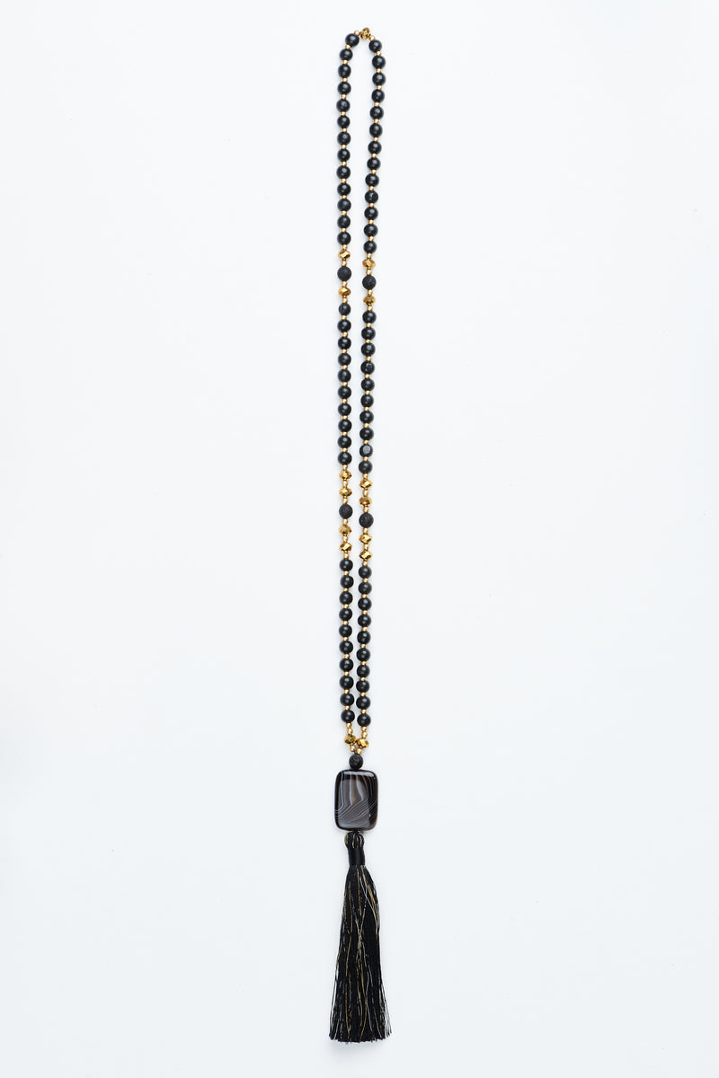 Black and Gold Black Stone Pendant Tassel Necklace