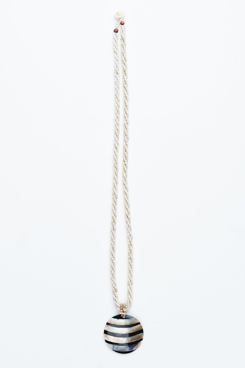 Beige Beaded Stripe Mother of Pearl Pendant Necklace