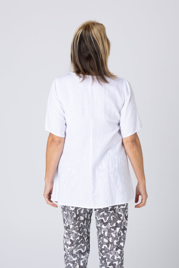 White Short Sleeve Linen Swing Shirt