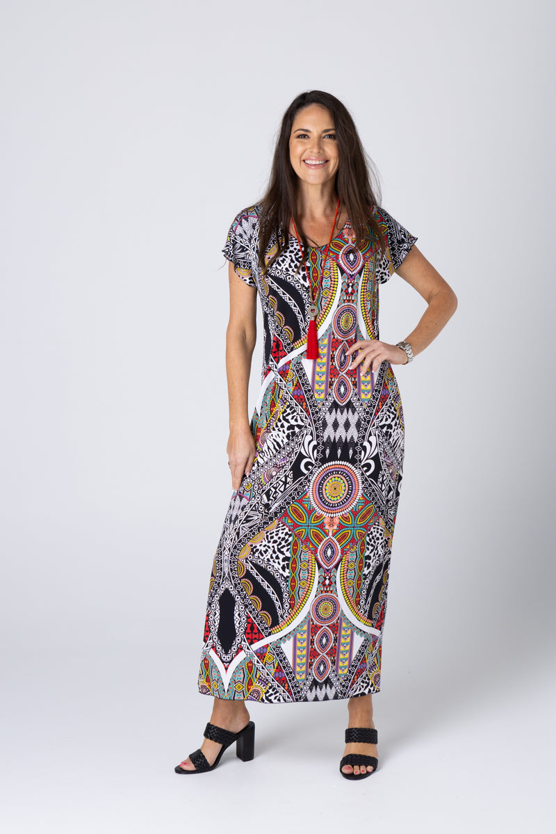 Aztec Print Short Sleeve Jersey Maxi Dress