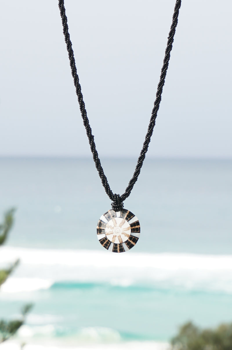 Black Beaded Aztec Mother of Pearl Pendant Necklace