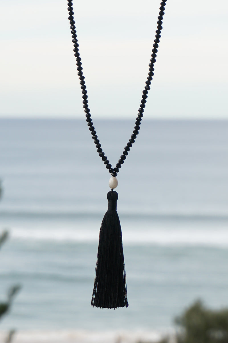 Black Beaded Pearl Tassel Necklace
