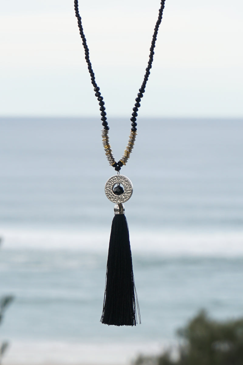 Black Circle Pendant Tassel Necklace