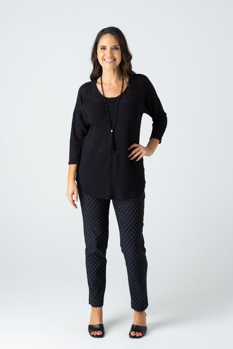 Black Feature Stitched Ploy/Rayon Knit 3/4 Sleeve Top