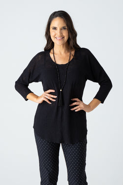 Black Feature Stitched Ploy/Rayon Knit 3/4 Sleeve Top