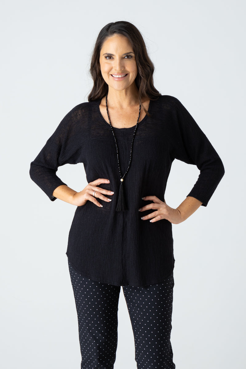 Black Feature Stitched Ploy/Rayon Knit 3/4 Sleeve Top