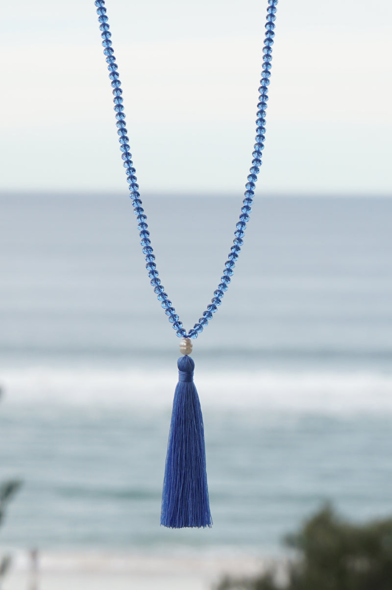 Blue Beaded Pearl Tassel Necklace
