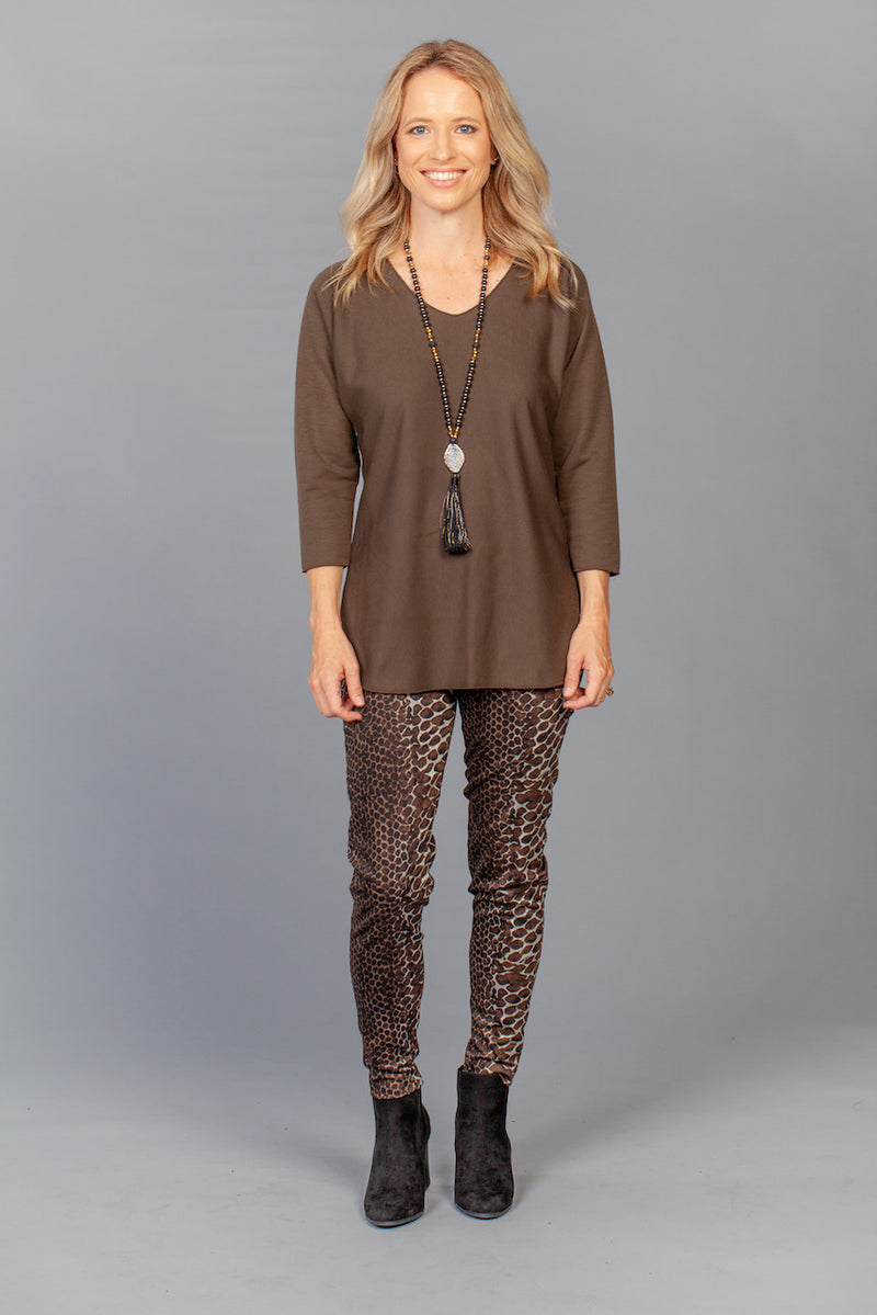 Brown Poly/Cotton 3/4 Sleeve Top