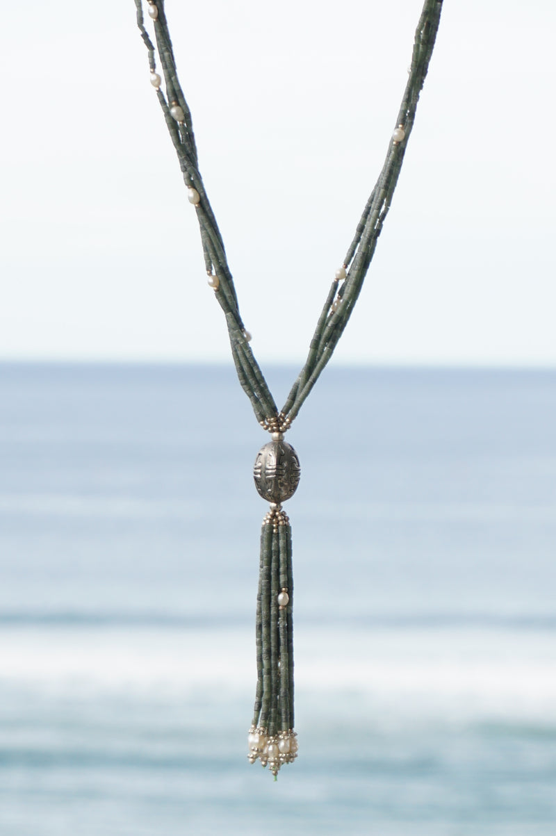 Burmese Jade and Freshwater Pearl Tassel Necklace