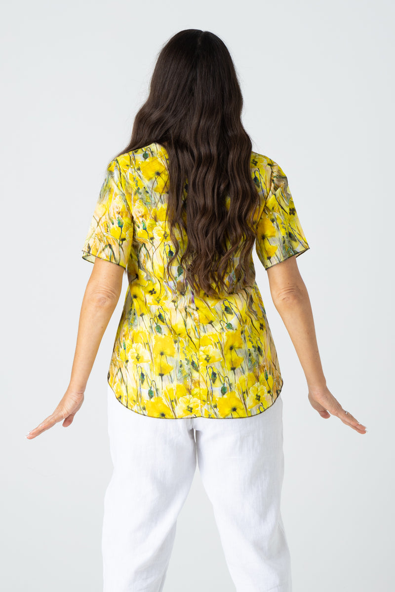 Buttercup Print Short Sleeve Linen/Silk Shirt