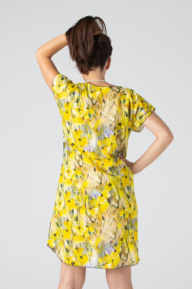 Buttercup Print Linen/Silk Short Sleeve Dress