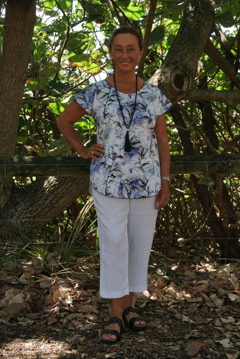 Violet Print Short Sleeve Stretch Cotton Top