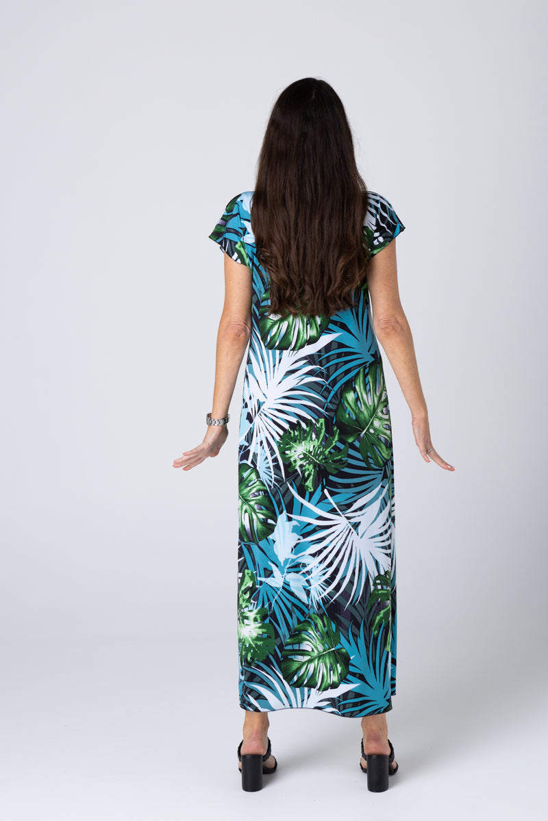 Hawaii Print Short Sleeve Jersey Maxi Dress