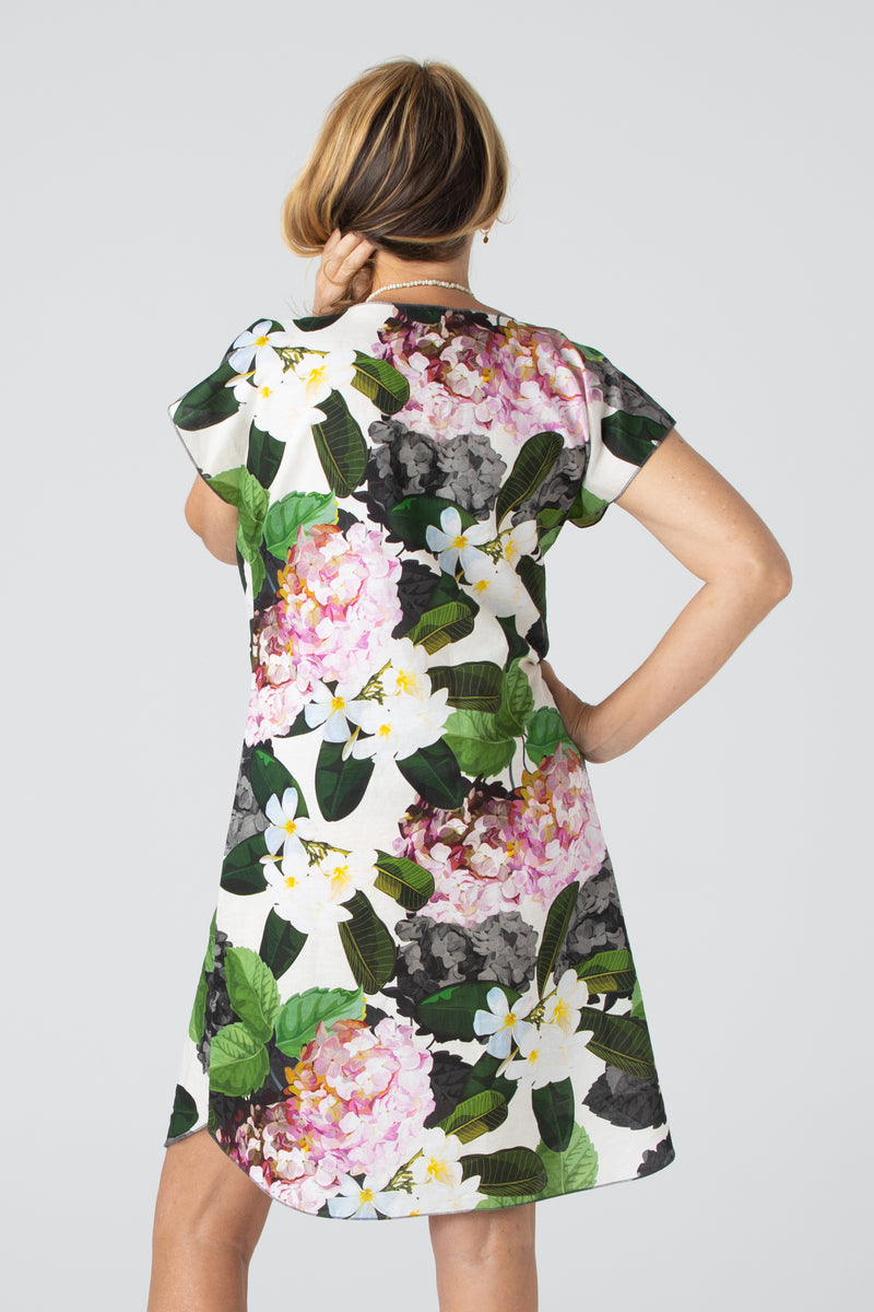 Hydrangea Print Linen Silk Short Sleeve Dress