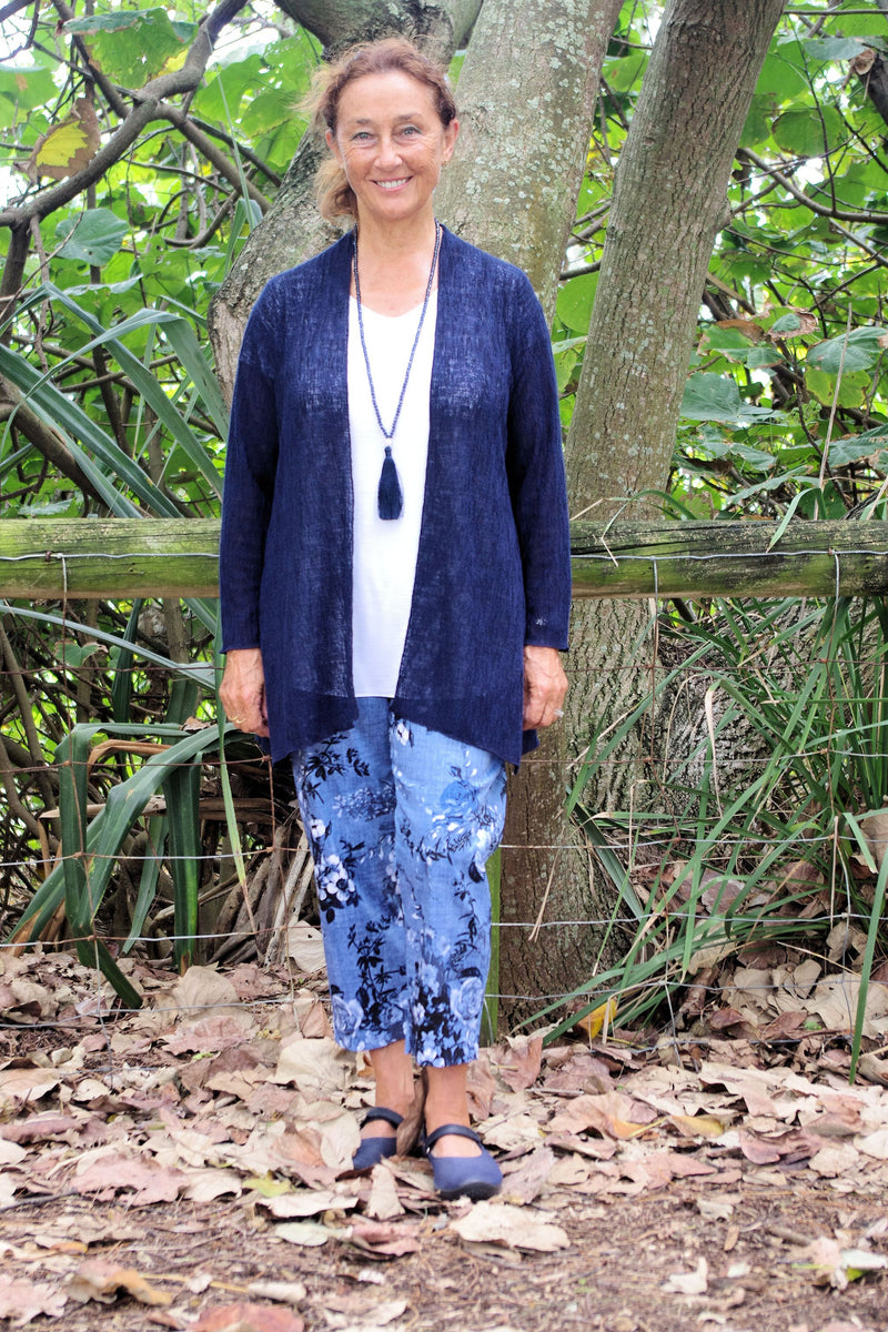 Denim Flower Stretch Cotton Capri Pants