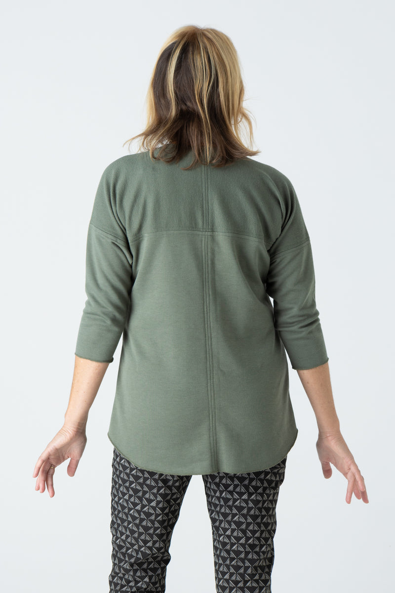 Khaki Feature Stitched Poly/Cotton 3/4 Sleeve Top