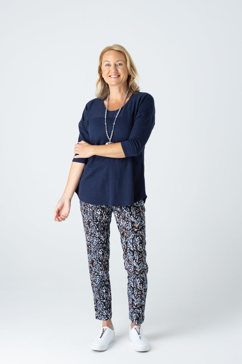 Navy Feature Stitched Poly/Cotton 3/4 Sleeve Top