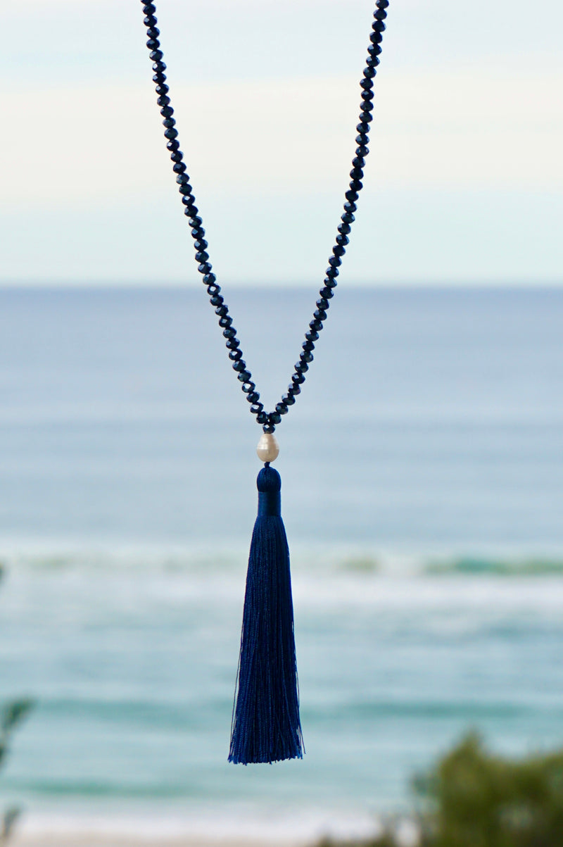 Navy Beaded Pearl Tassel Necklace
