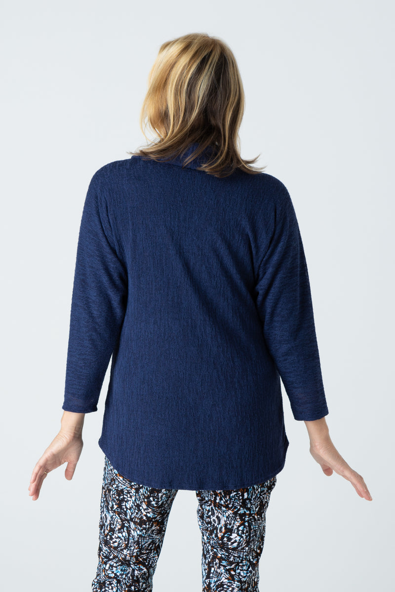 Navy Cowl Neck Poly/Rayon Knit 3/4 Sleeve Top