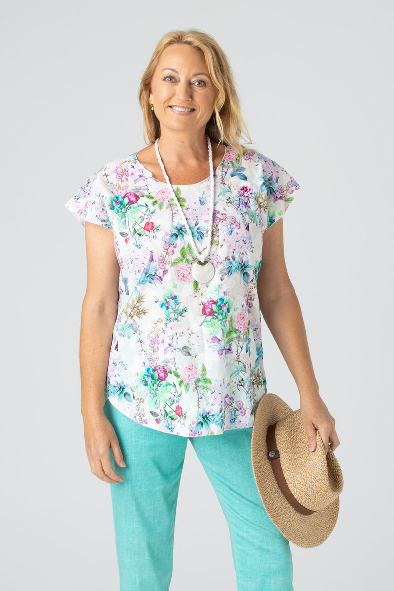 Pastel Print Short Sleeve Non-Crush Jacquard Cotton Top