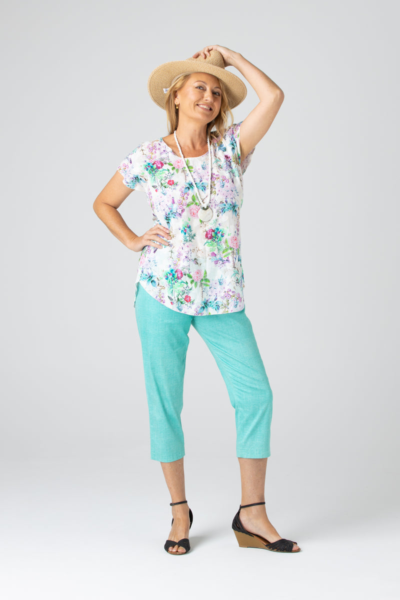 Pastel Print Short Sleeve Non-Crush Jacquard Cotton Top
