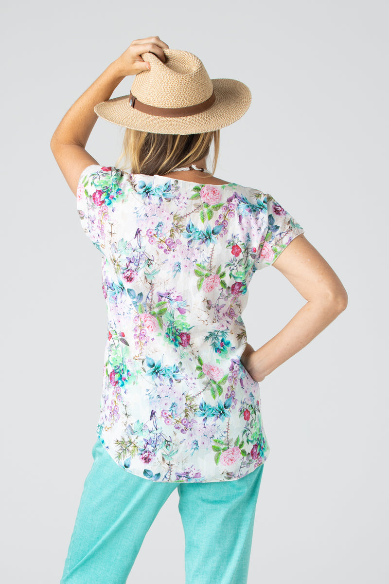 Pastel Print Short Sleeve Non-Crush Jacquard Cotton Top
