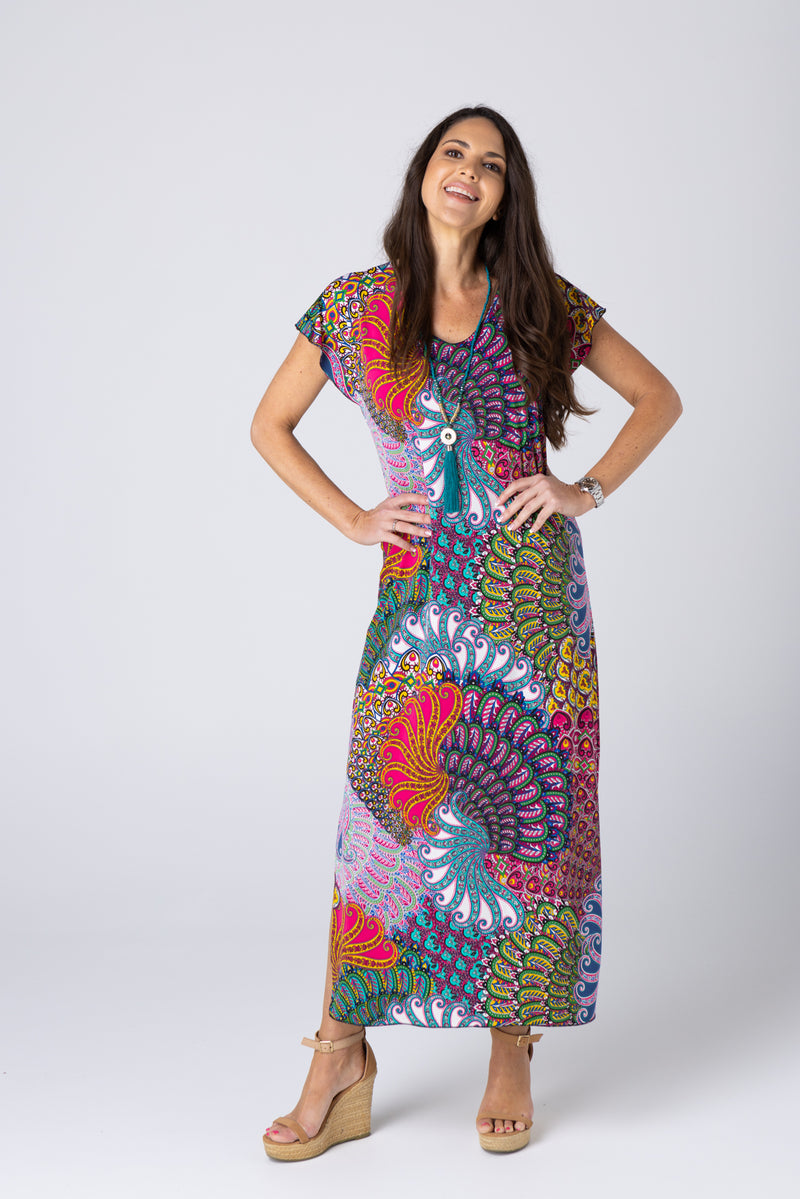 Peacock Print Short Sleeve Jersey Maxi Dress