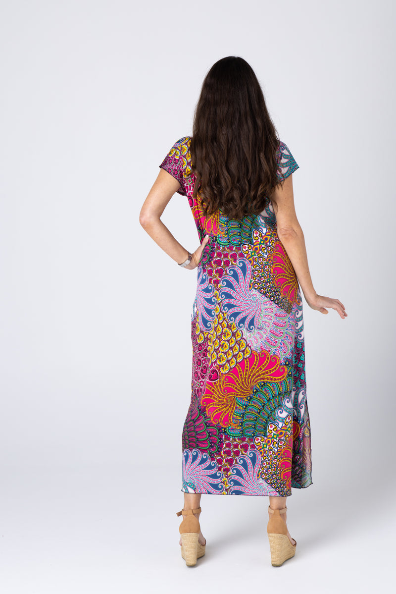 Peacock Print Short Sleeve Jersey Maxi Dress